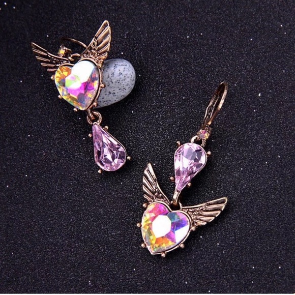 HEART ANGEL WING RHINESTONE DANGLE EARRINGS - Picture 2 of 8